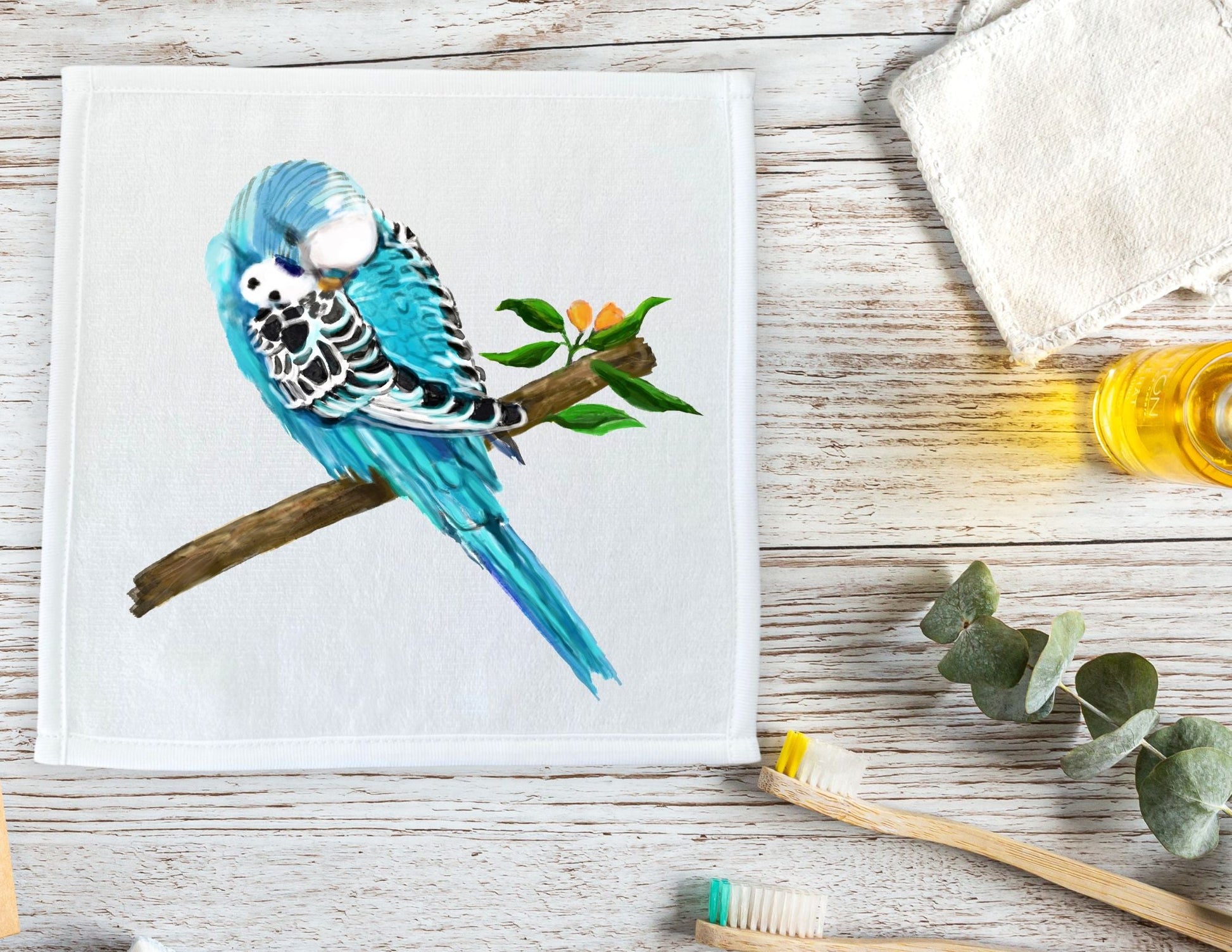Blue Budgie Washcloth - MerikaArt