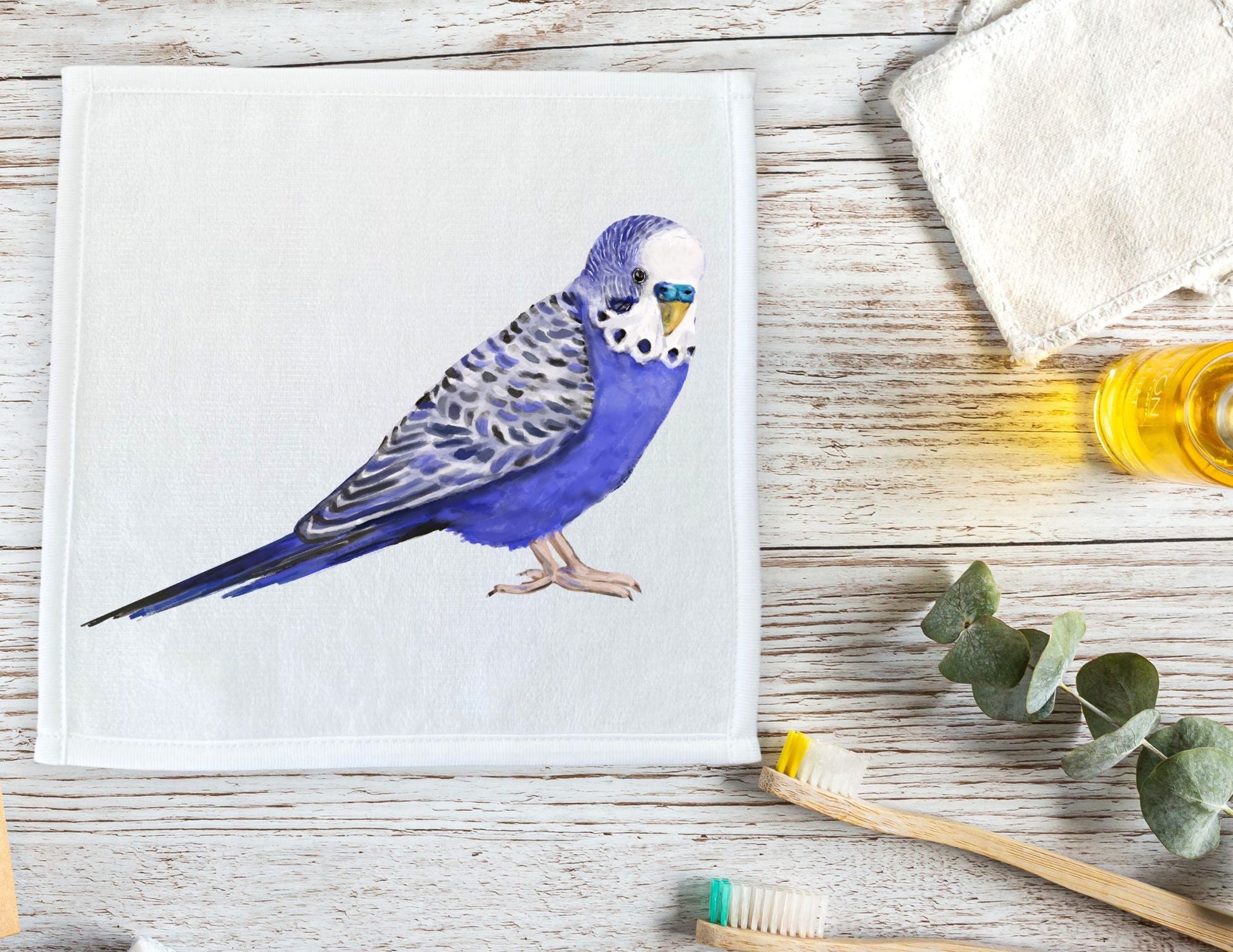 Blue Budgie Washcloth - MerikaArt