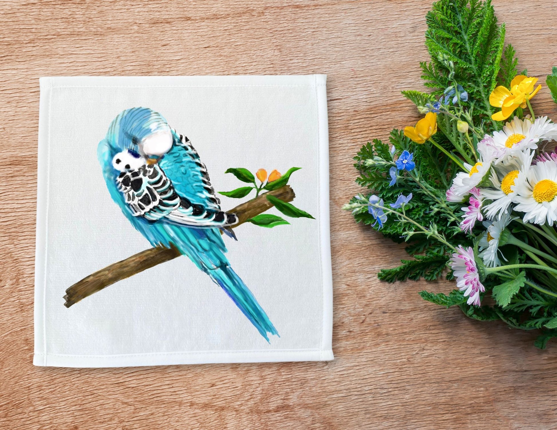Blue Budgie Washcloth - MerikaArt
