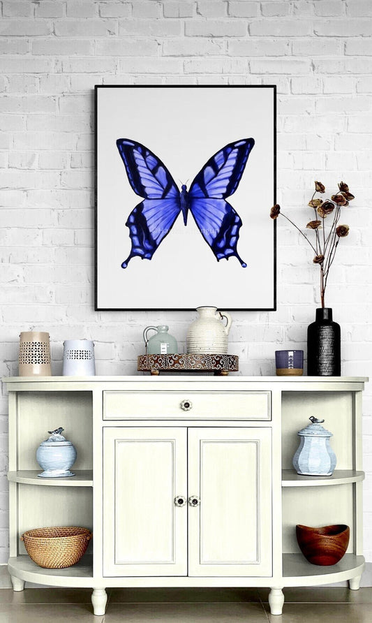 Blue Butterfly Print, Butterfly Painting, Wildlife Artwork, Original Artwork, Living Room Wall Art, Bedroom Wall Print, Colorful Home Decor - MerikaArt
