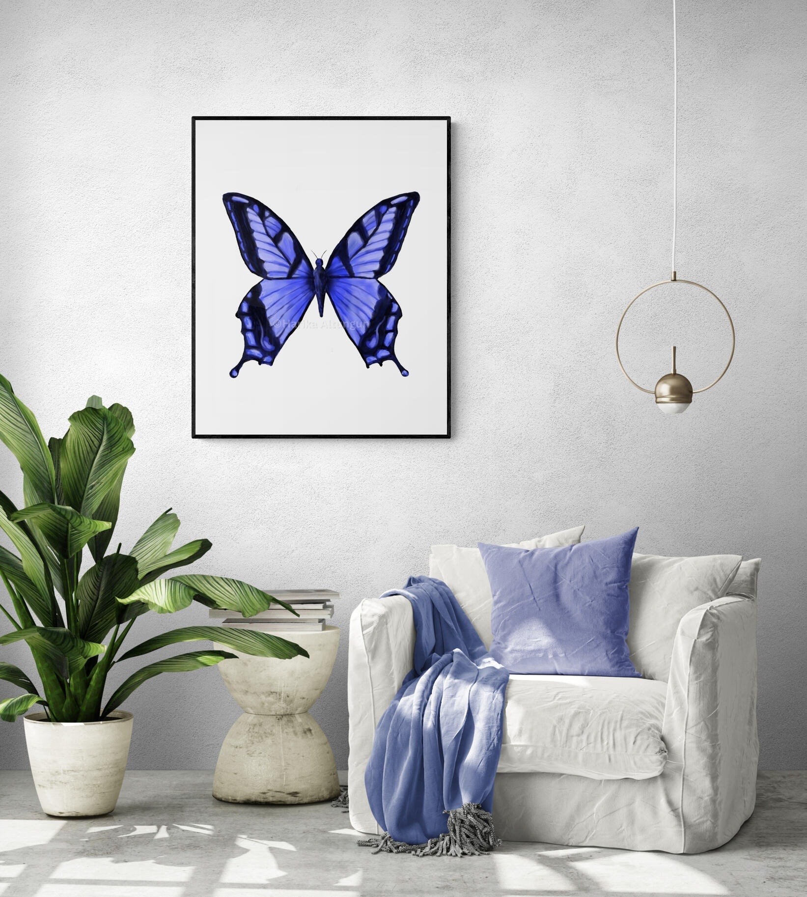 Blue Butterfly Print, Butterfly Painting, Wildlife Artwork, Original Artwork, Living Room Wall Art, Bedroom Wall Print, Colorful Home Decor - MerikaArt
