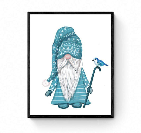 Blue Christmas Gnome Print, Scandinavian Christmas Art, Nordic Gnome Gift, New Years Art, Winter Home Decor, Xmas Gnome, Bird Portrait - MerikaArt