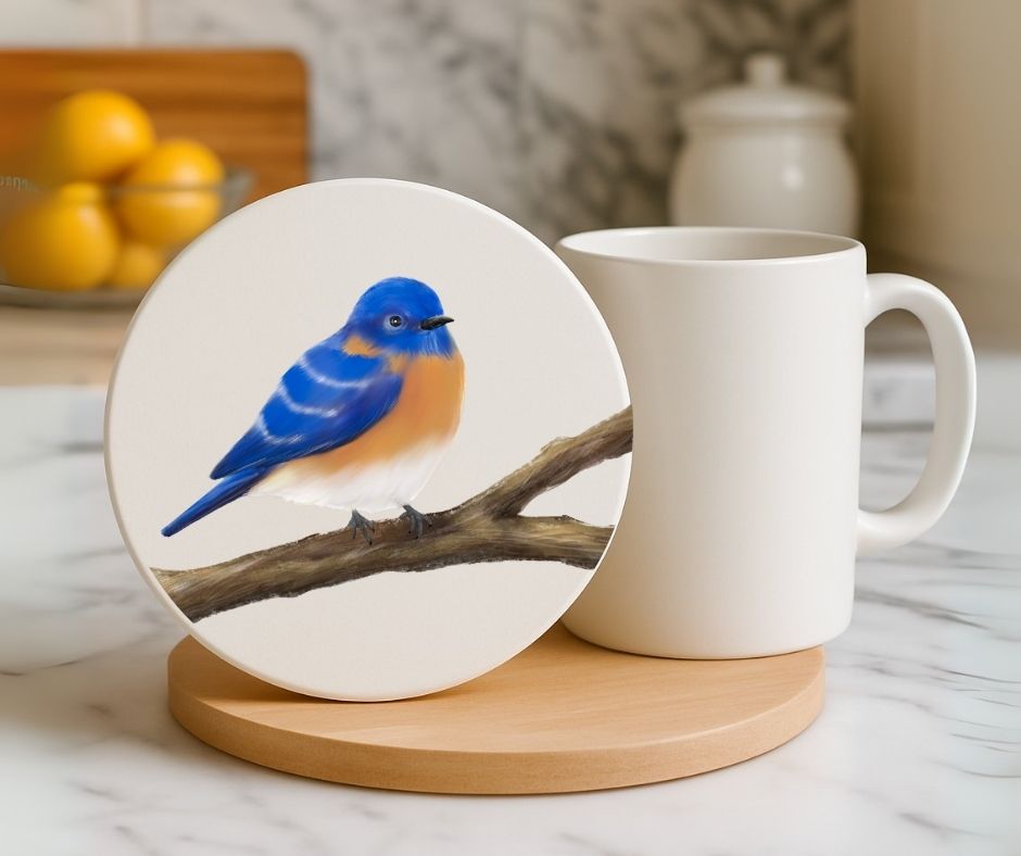 Blue Eastern Bluebird Ceramic Coaster - MerikaArt