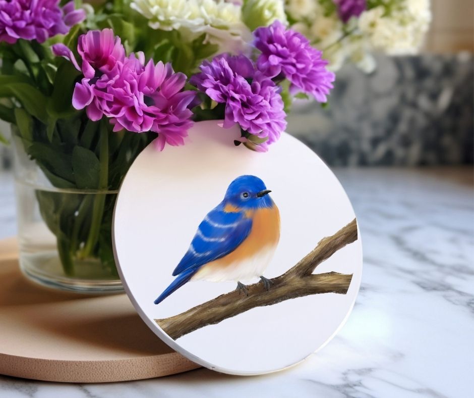 Blue Eastern Bluebird Ceramic Coaster - MerikaArt