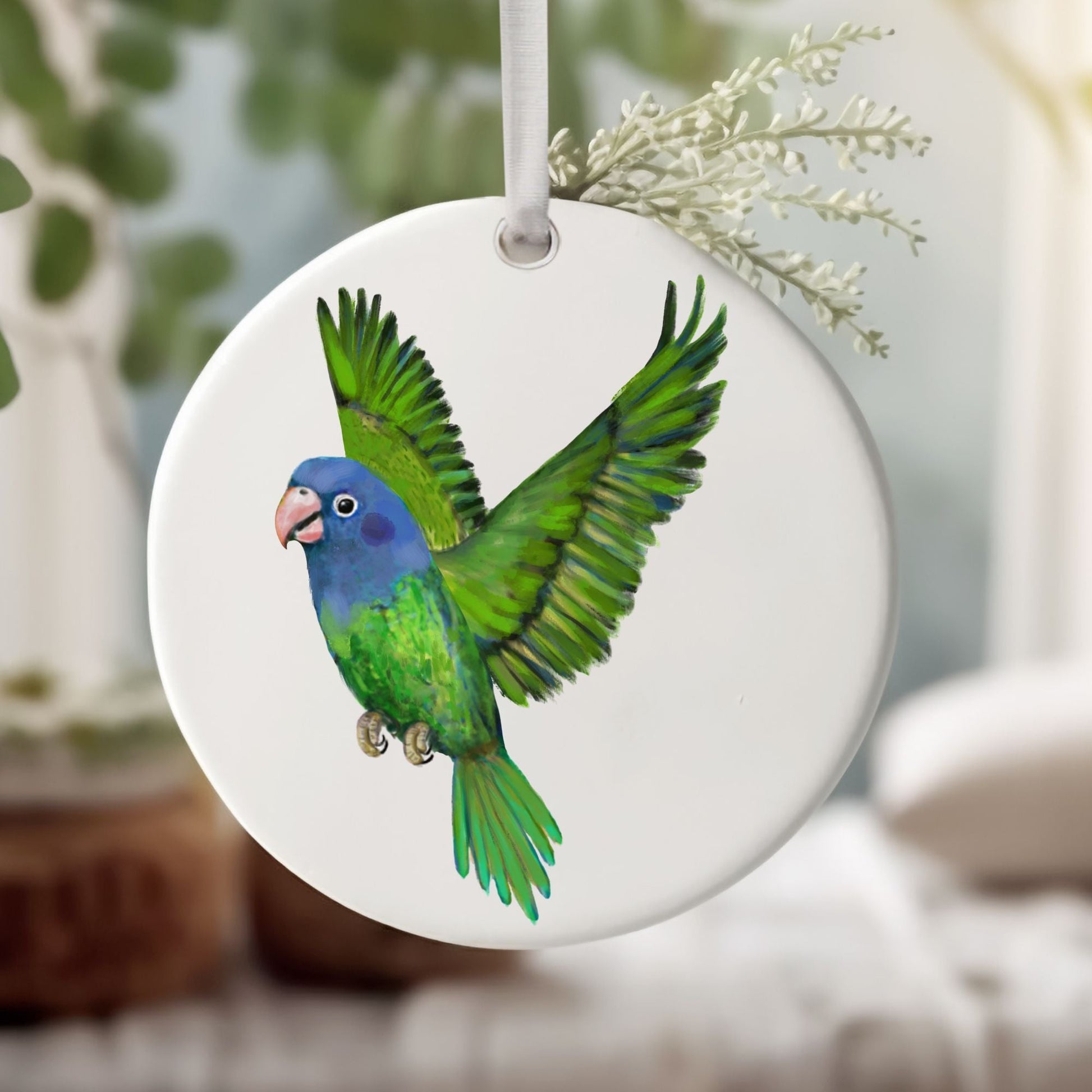 Blue - Headed Parrot Ceramic Ornament - MerikaArt