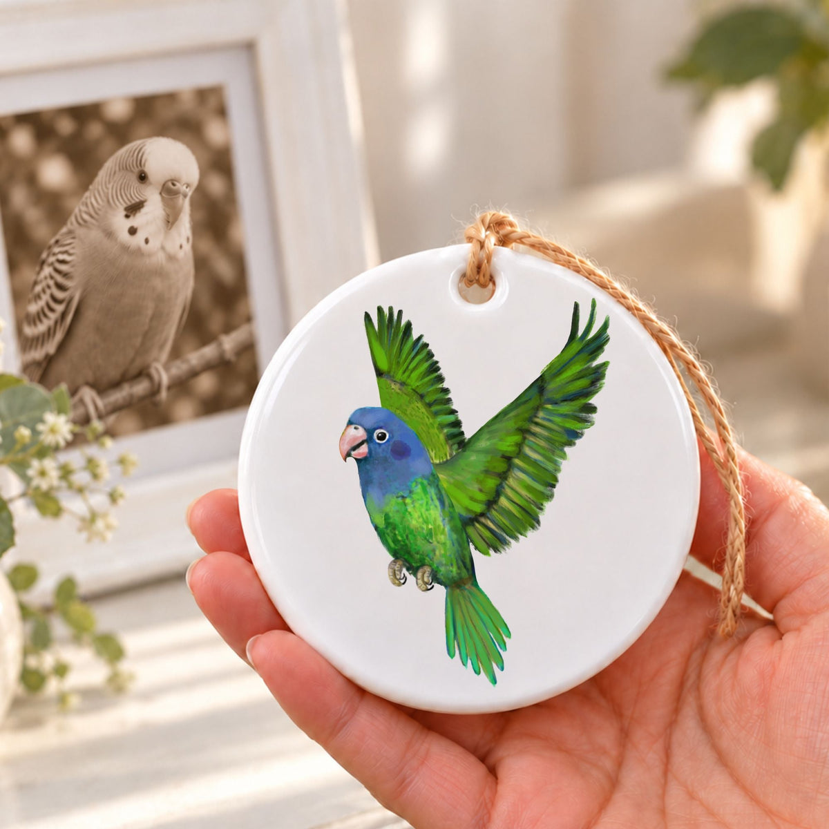 Blue Headed Parrot Ceramic Ornament - MerikaArt