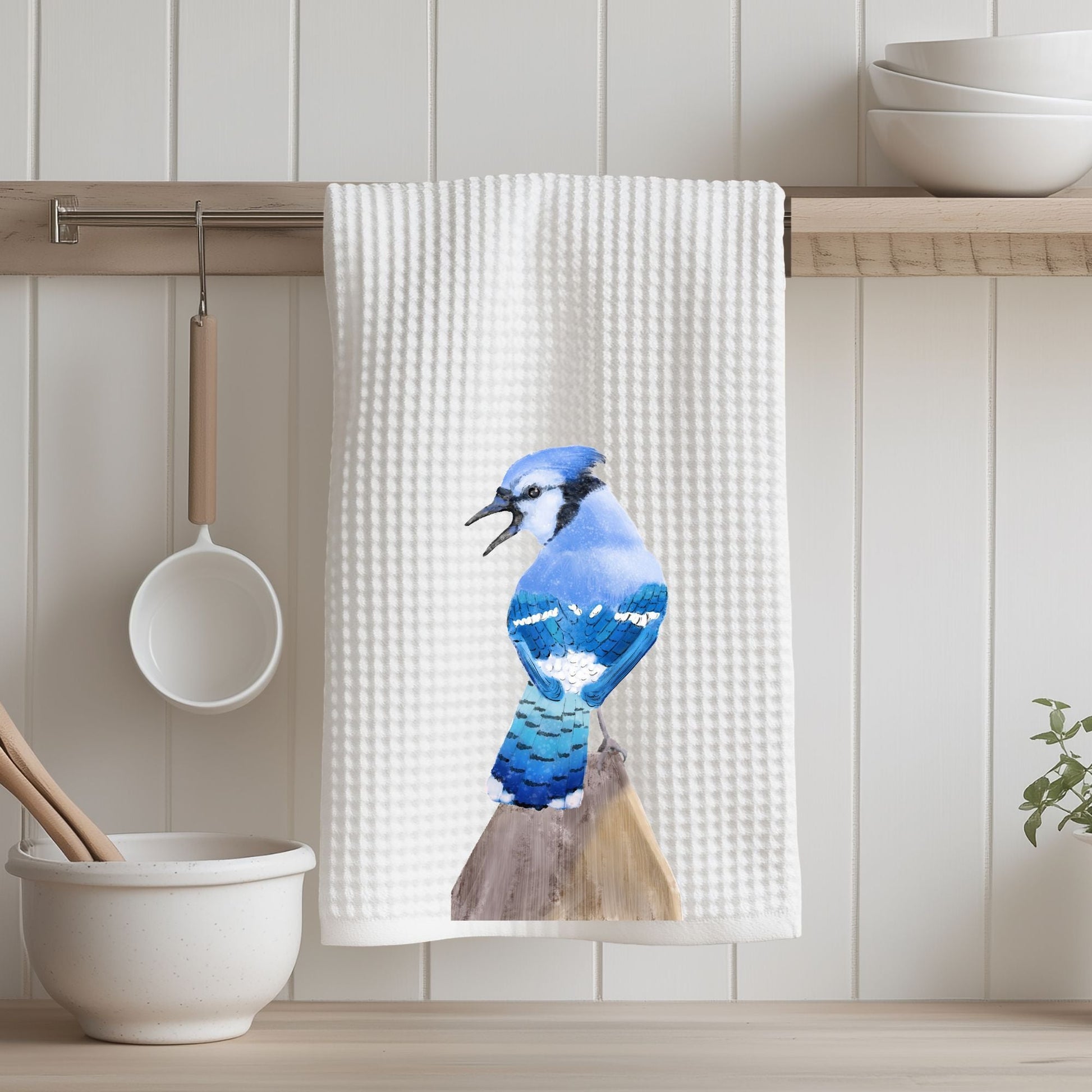 Blue Jay Bird Kitchen Towel - MerikaArt