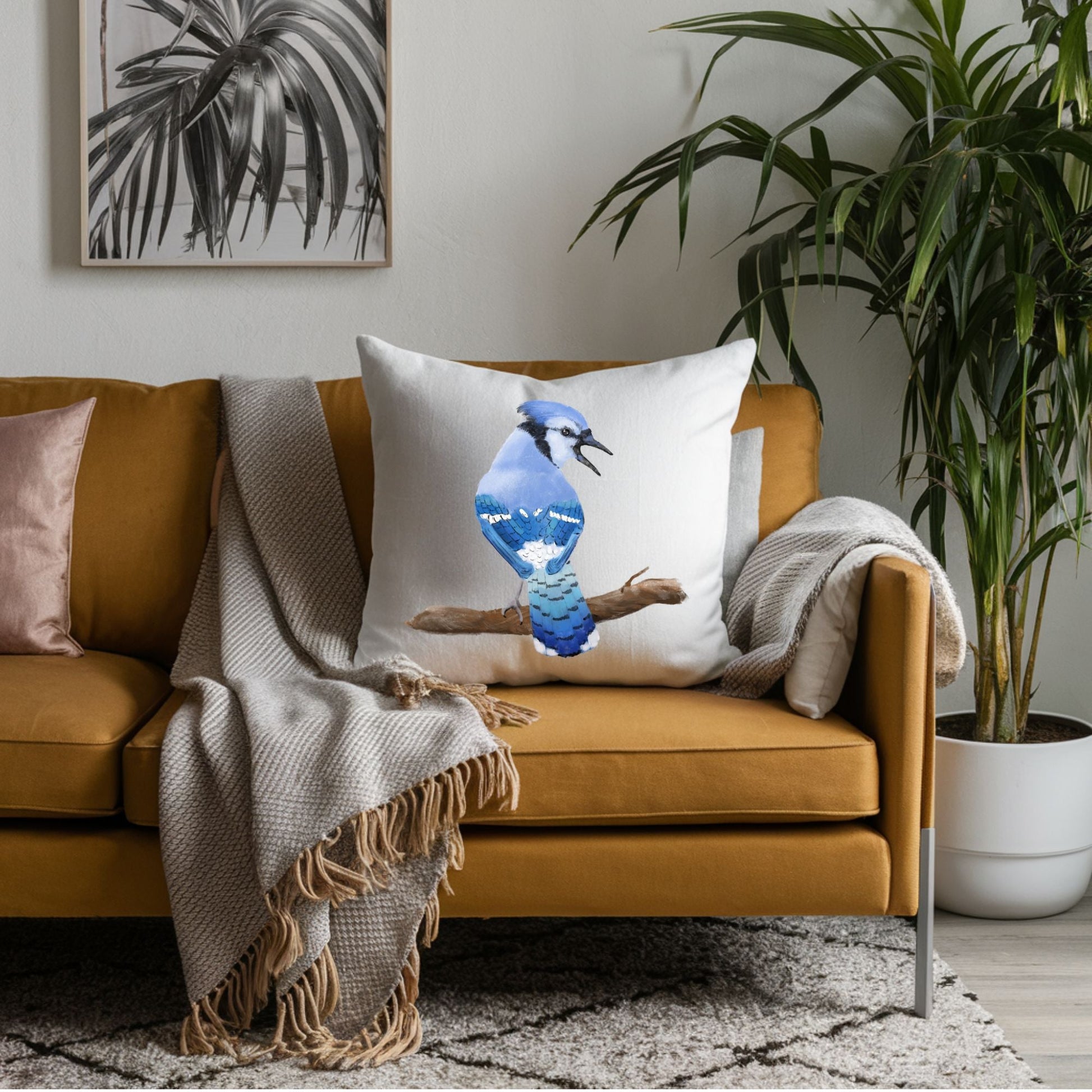 Blue Jay Bird Pillow - MerikaArt