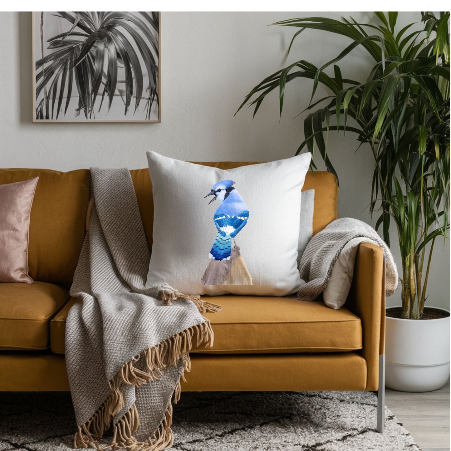 Blue Jay Bird Pillow - MerikaArt