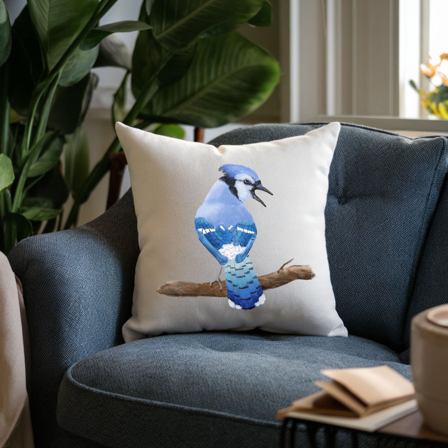 Blue Jay Bird Pillow - MerikaArt