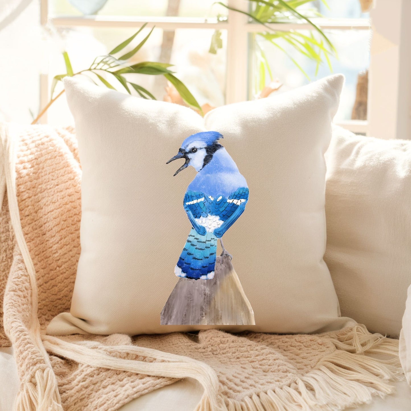 Blue Jay Bird Pillow - MerikaArt