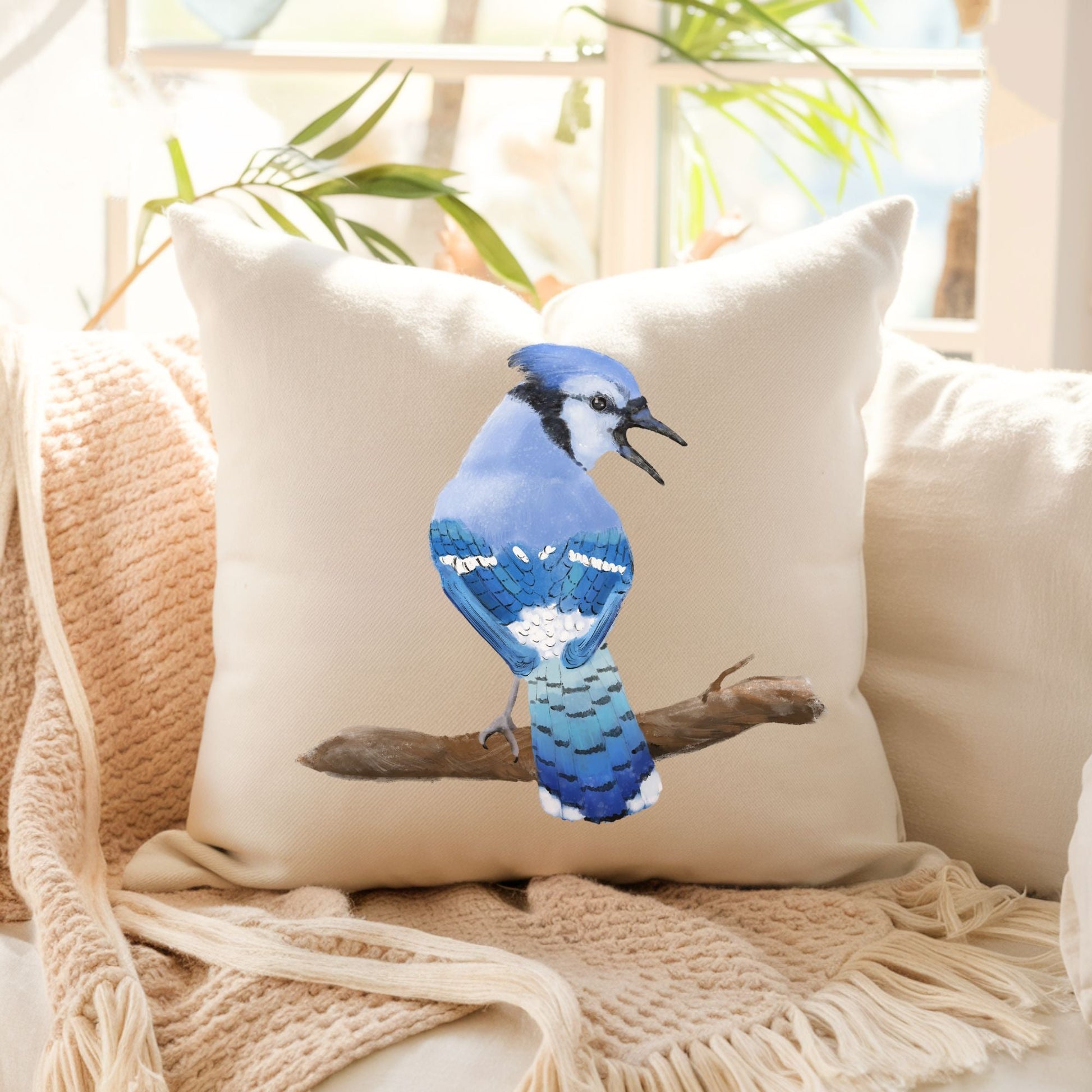 Blue Jay Bird Pillow - MerikaArt