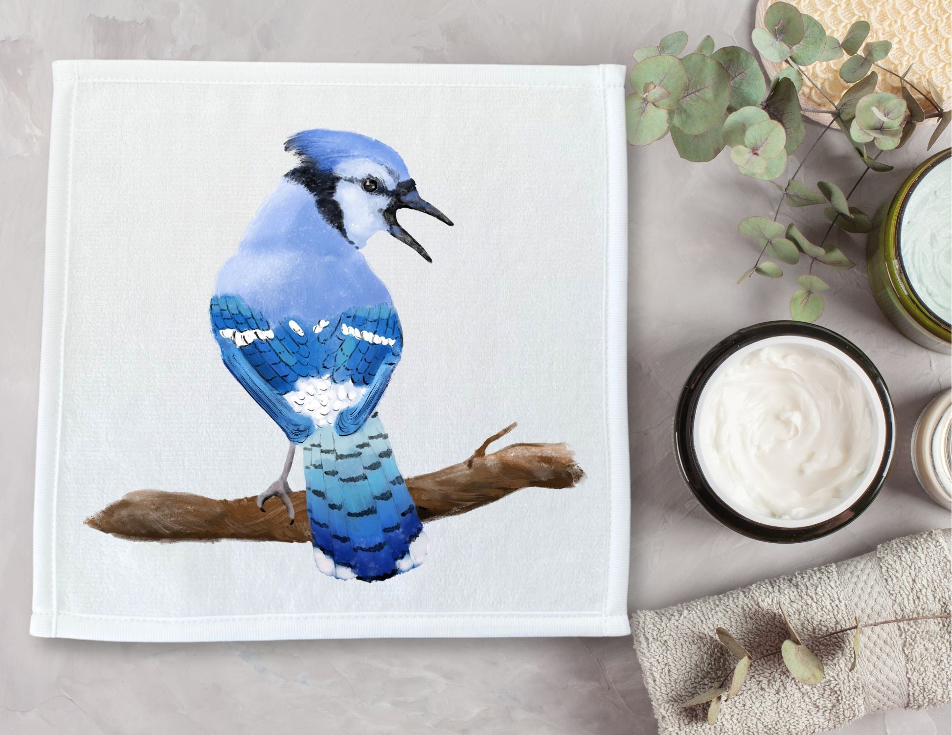 Blue Jay Bird Washcloth - MerikaArt