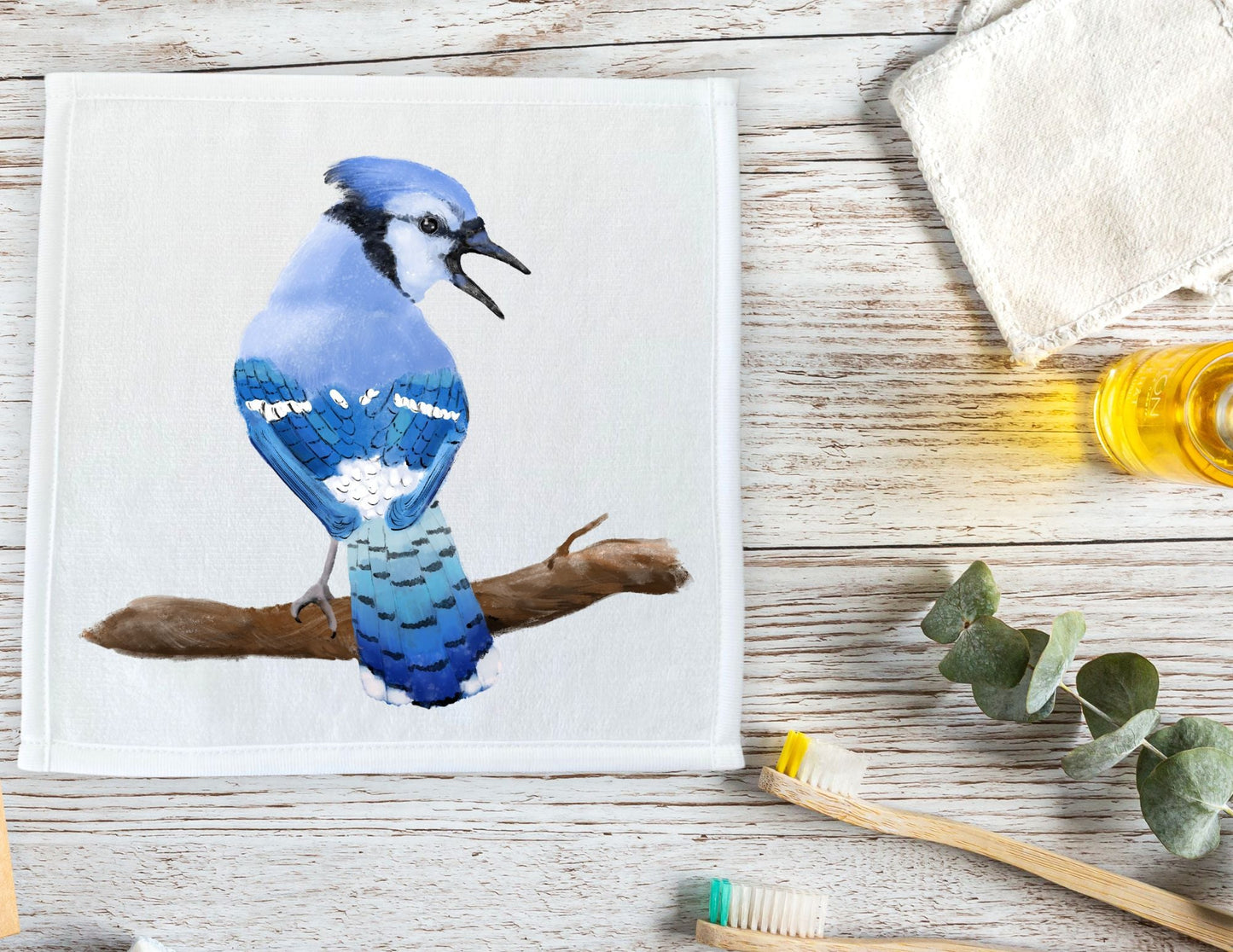 Blue Jay Bird Washcloth - MerikaArt