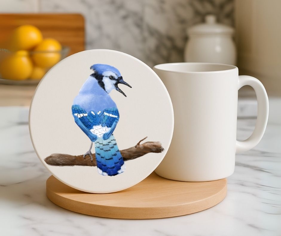 Blue Jay Ceramic Coaster - MerikaArt