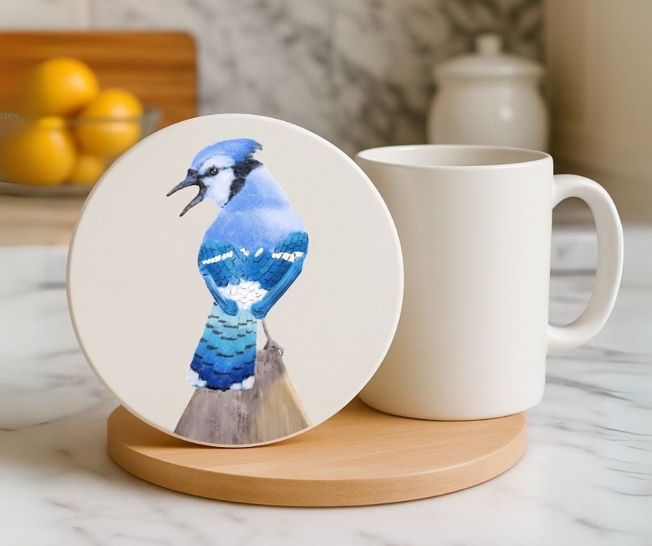 Blue Jay Ceramic Coaster - MerikaArt
