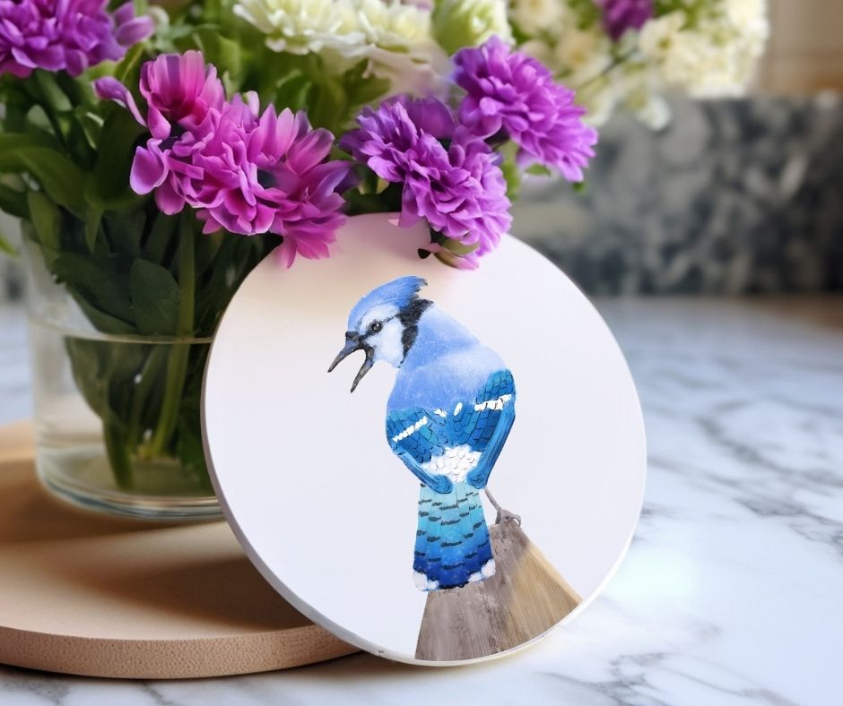 Blue Jay Ceramic Coaster - MerikaArt