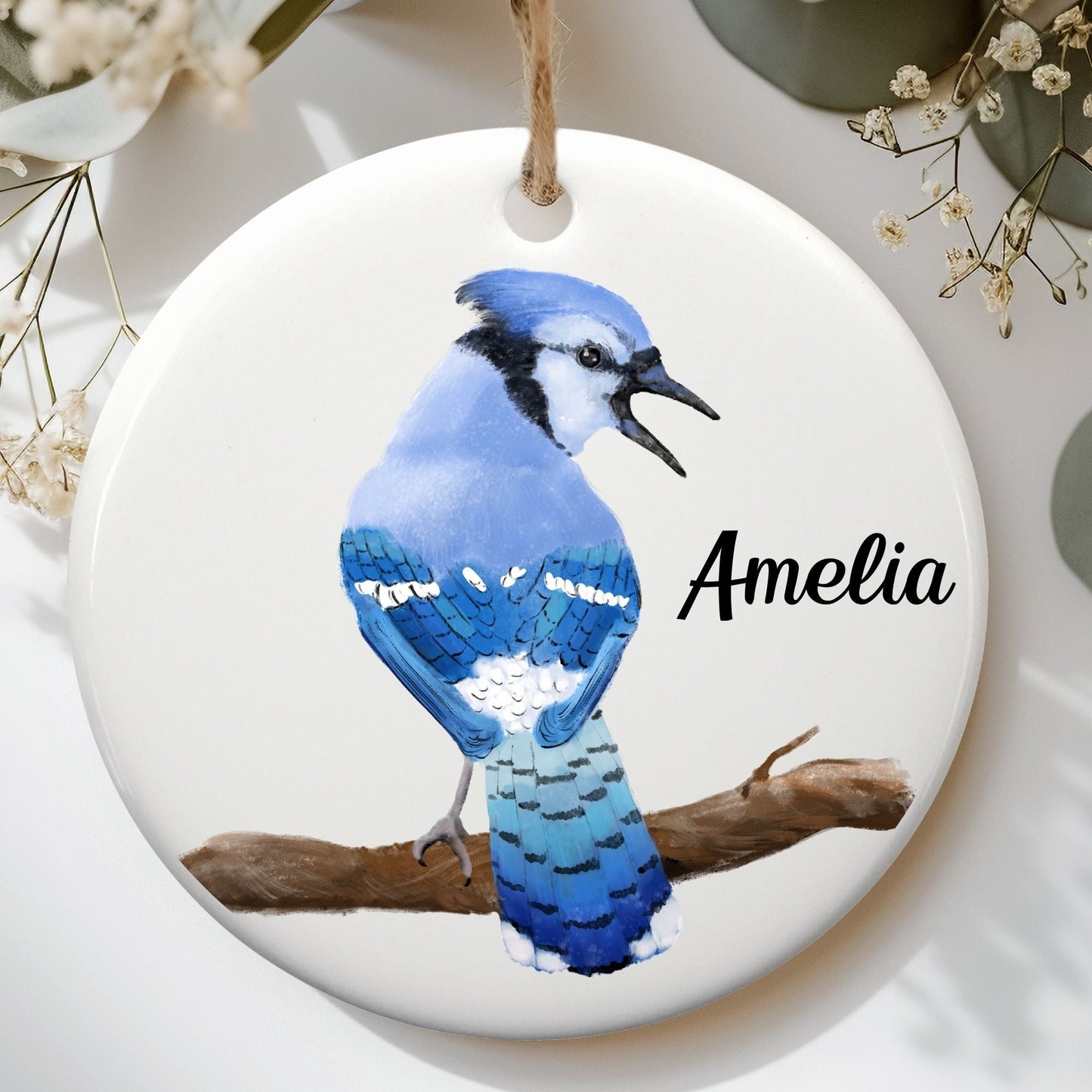 Blue Jay Ceramic Ornament - MerikaArt