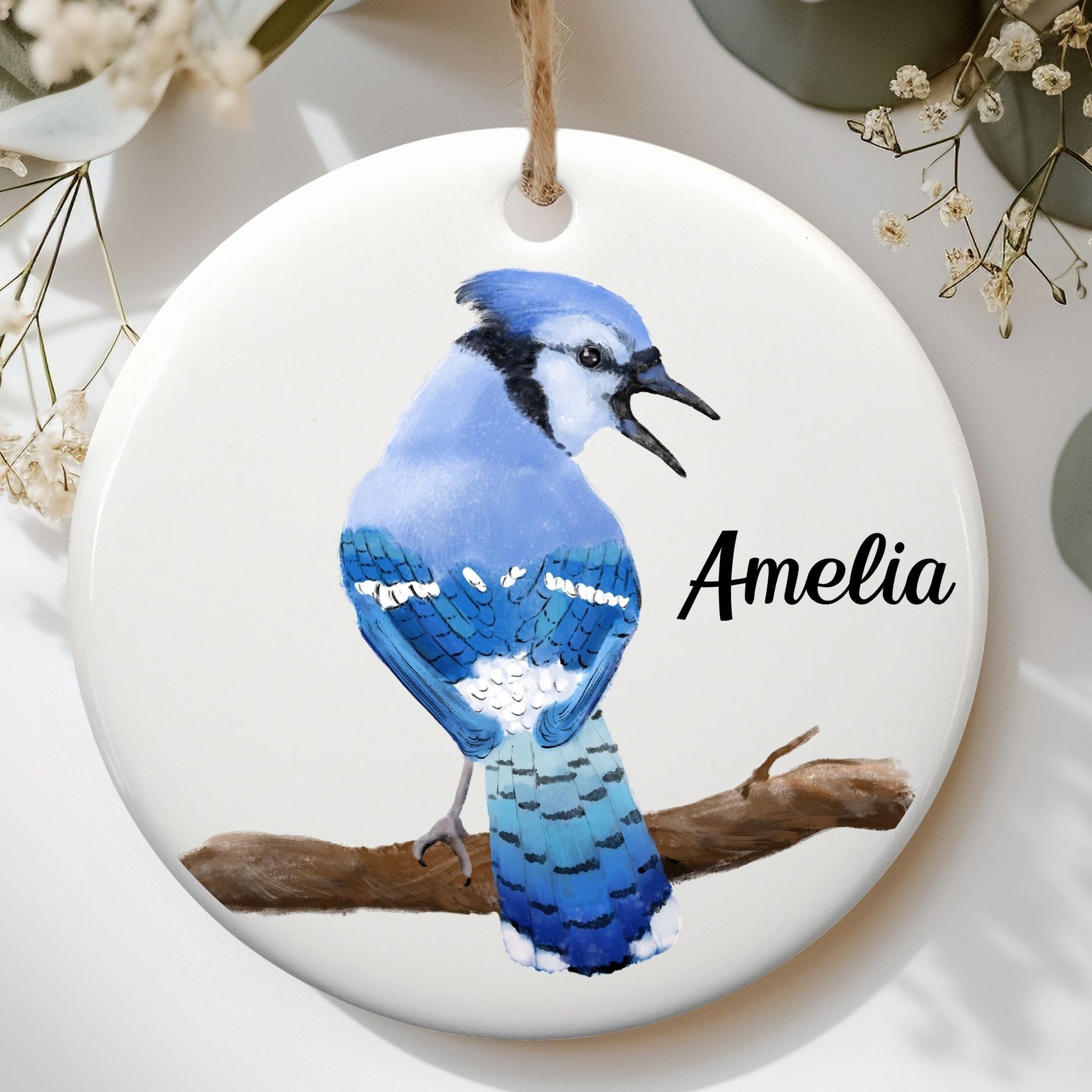 Blue Jay Ceramic Ornament - MerikaArt