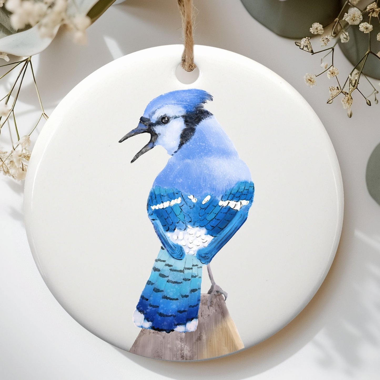Blue Jay Ceramic Ornament - MerikaArt