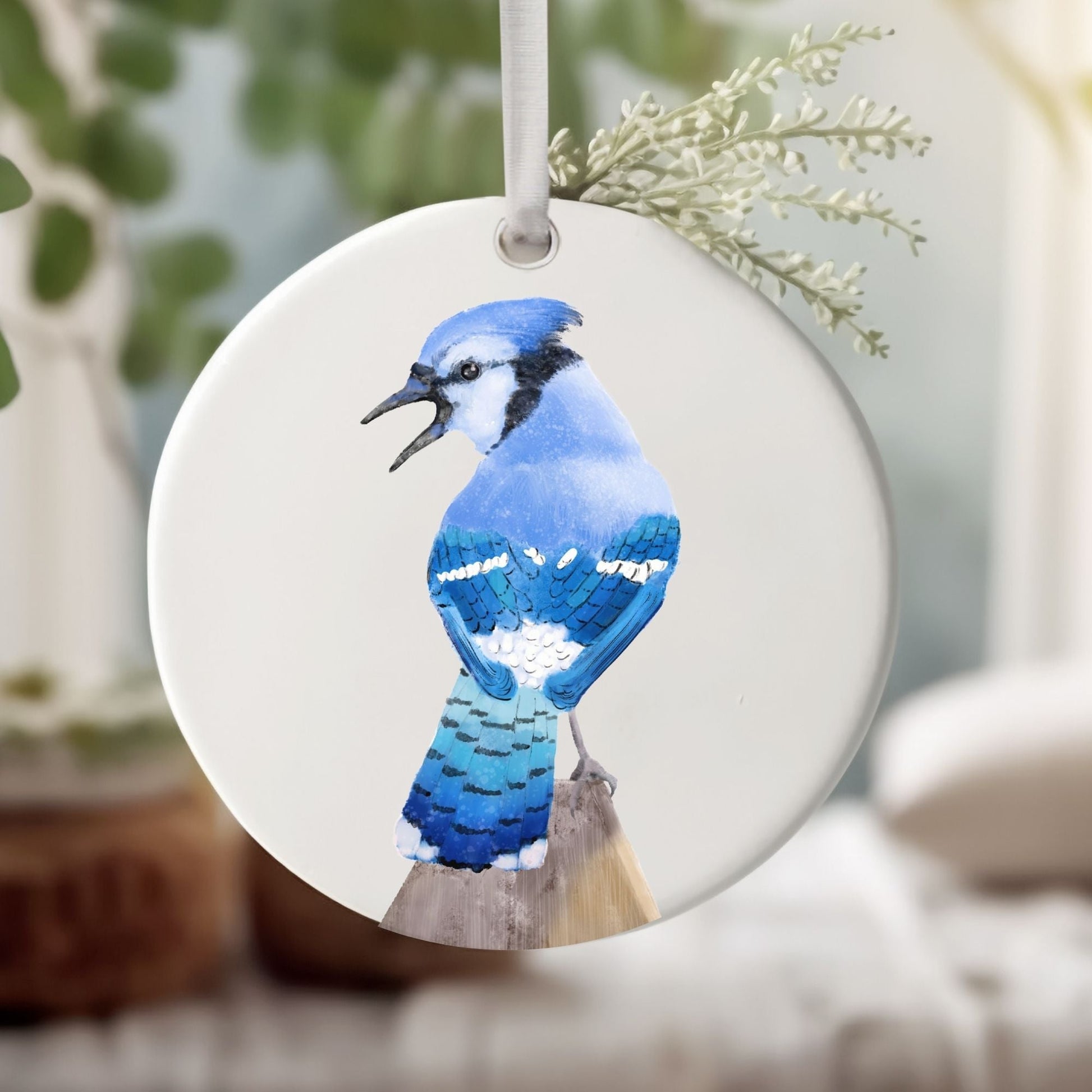 Blue Jay Ceramic Ornament - MerikaArt