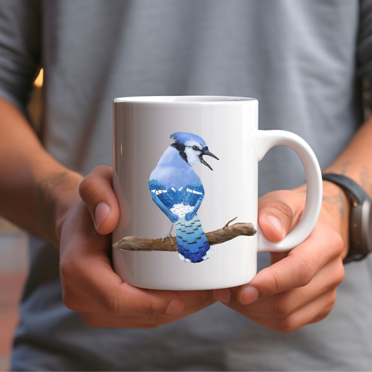 Blue Jay Mug with Detailed Bird Illustration - MerikaArt