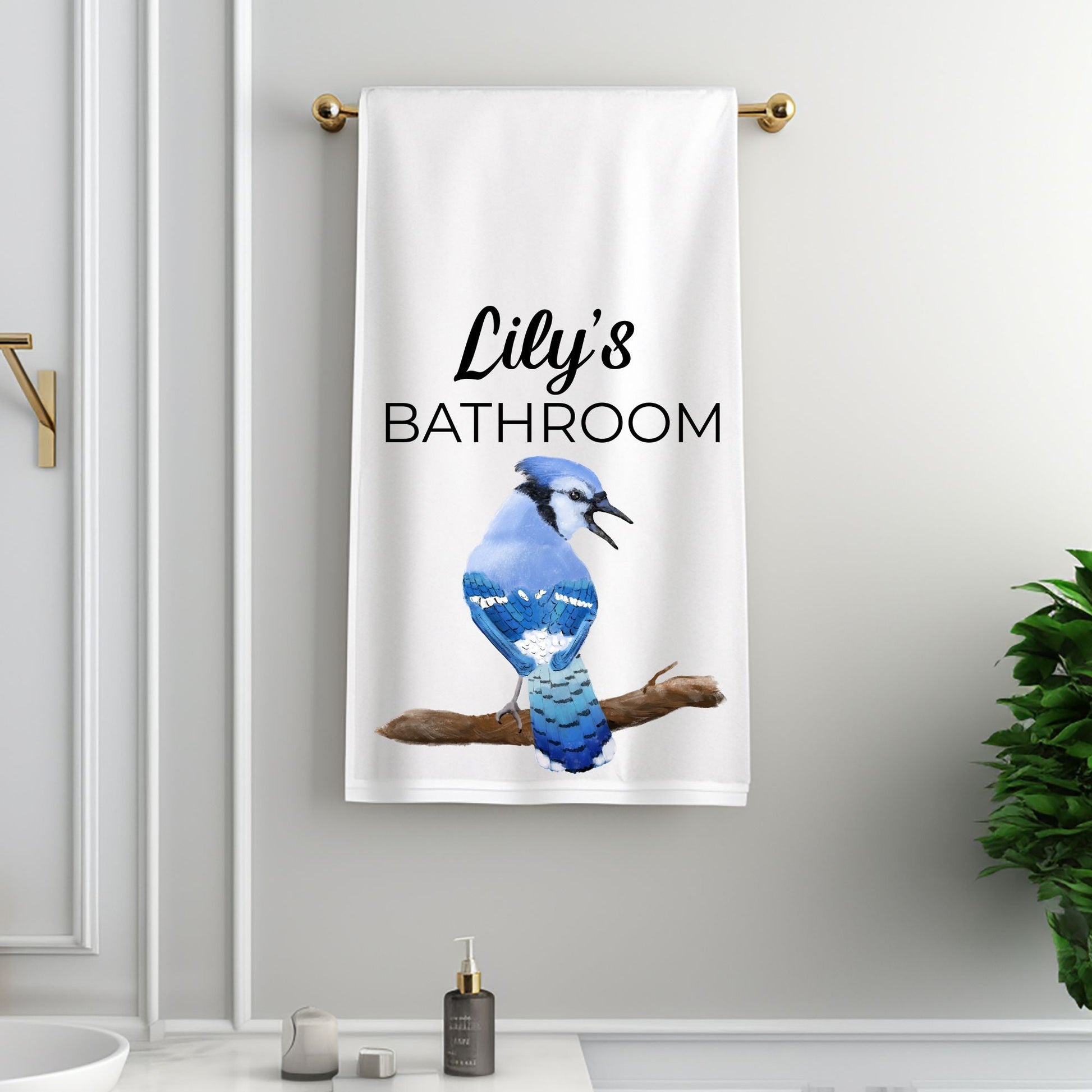 Blue Jay on Branch Bathroom Towel - MerikaArt