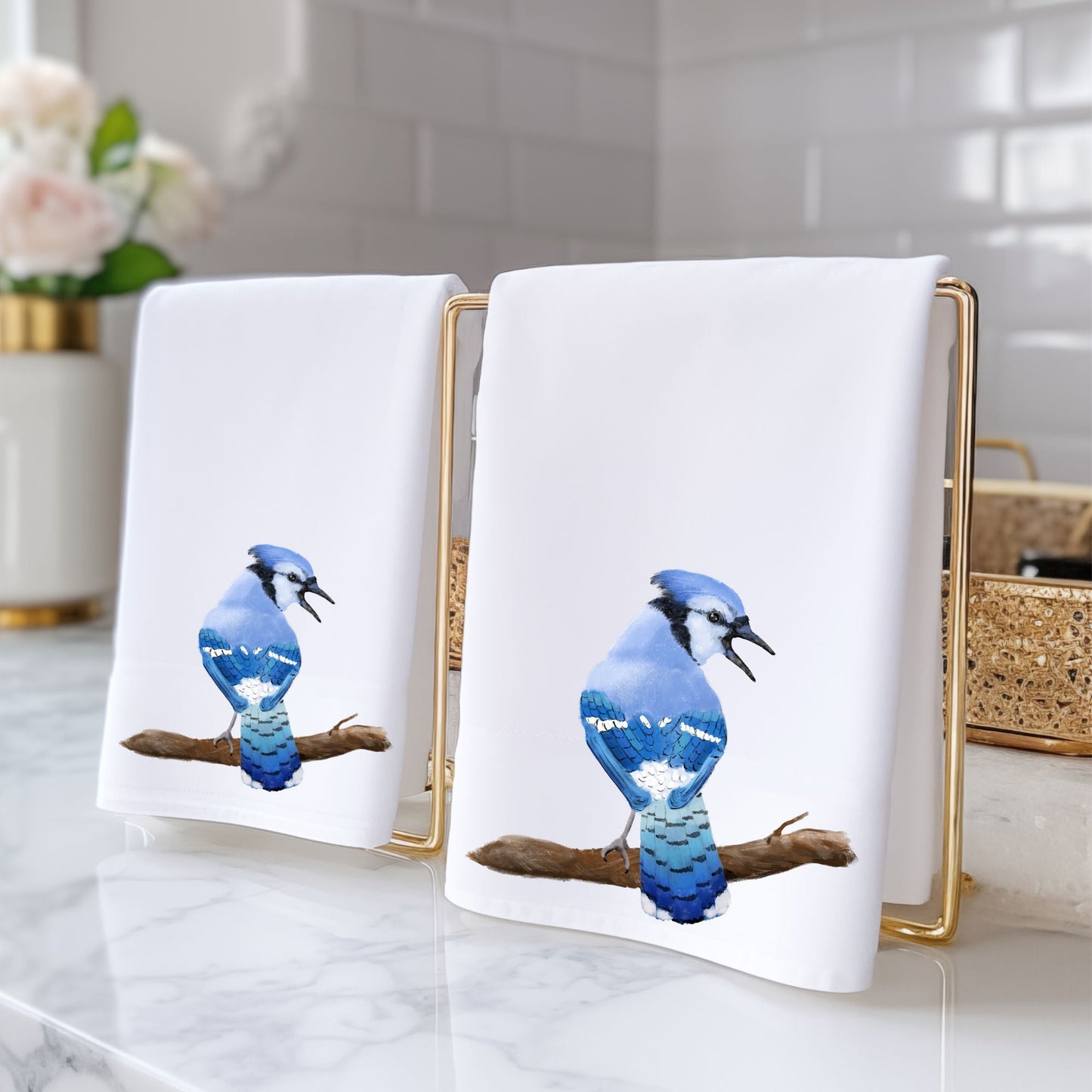 Blue Jay on Branch Bathroom Towel - MerikaArt