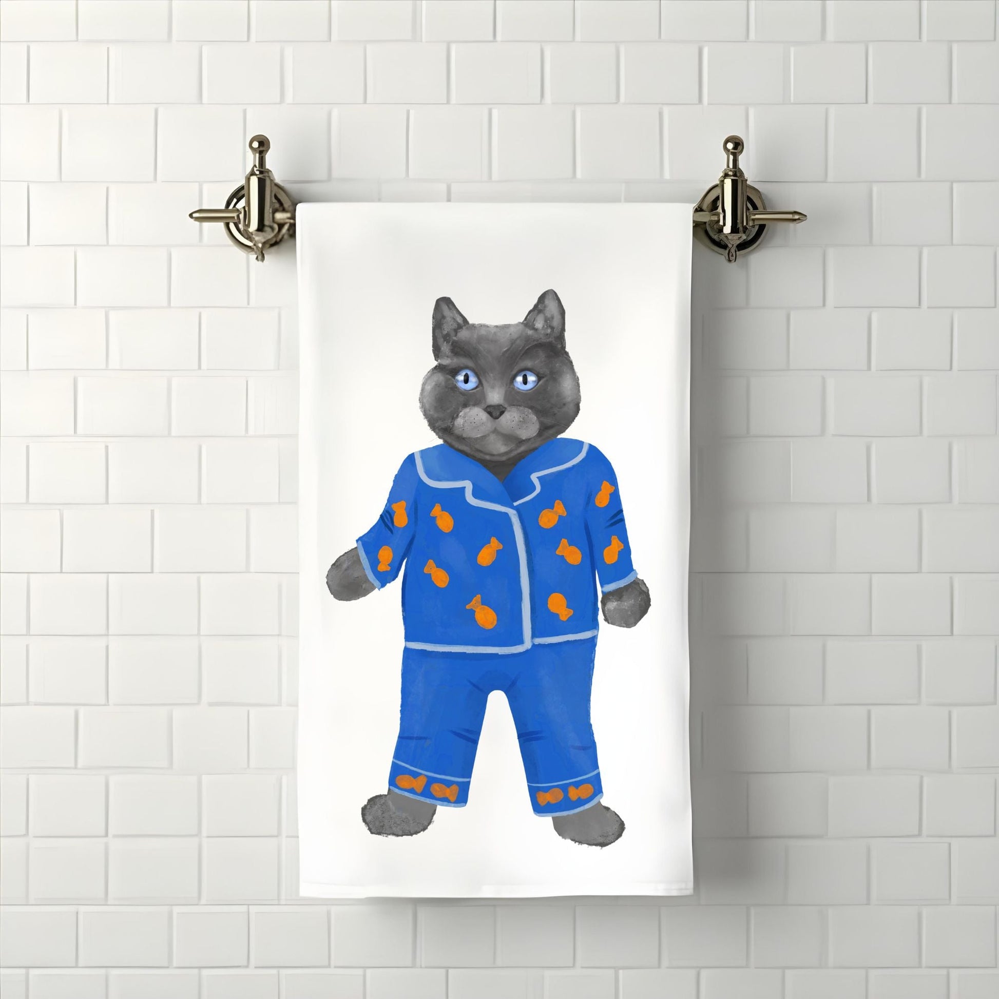 Blue Pajama Cat Bathroom Towel - MerikaArt