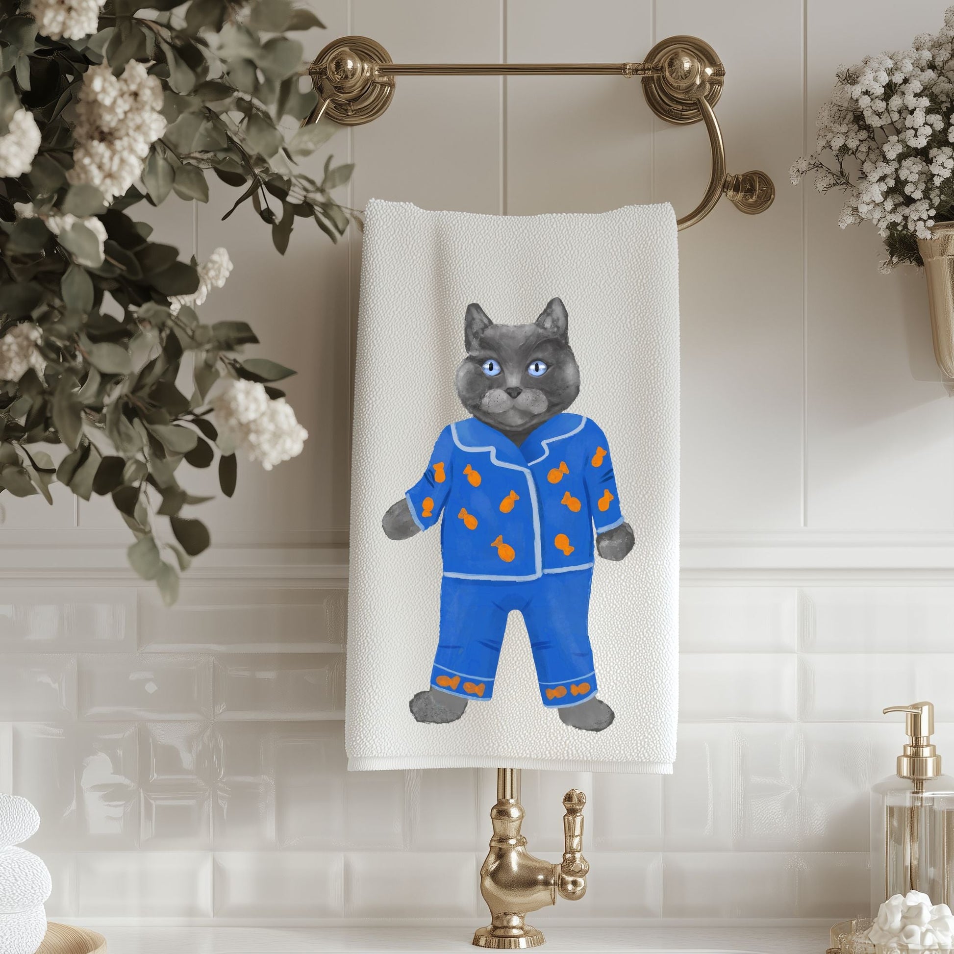 Blue Pajama Cat Bathroom Towel - MerikaArt