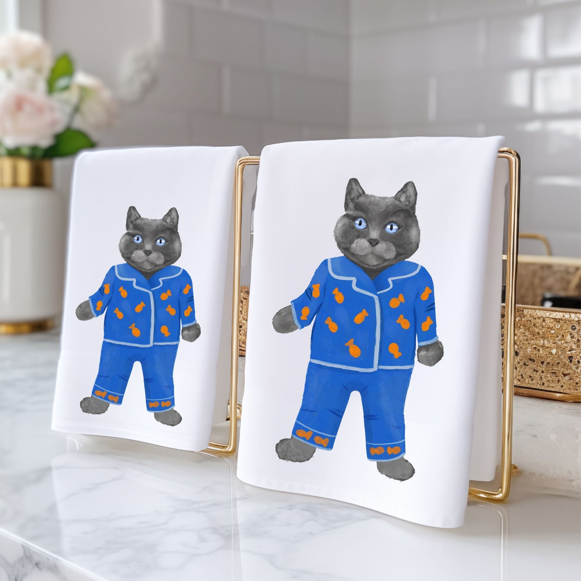 Blue Pajama Cat Bathroom Towel - MerikaArt