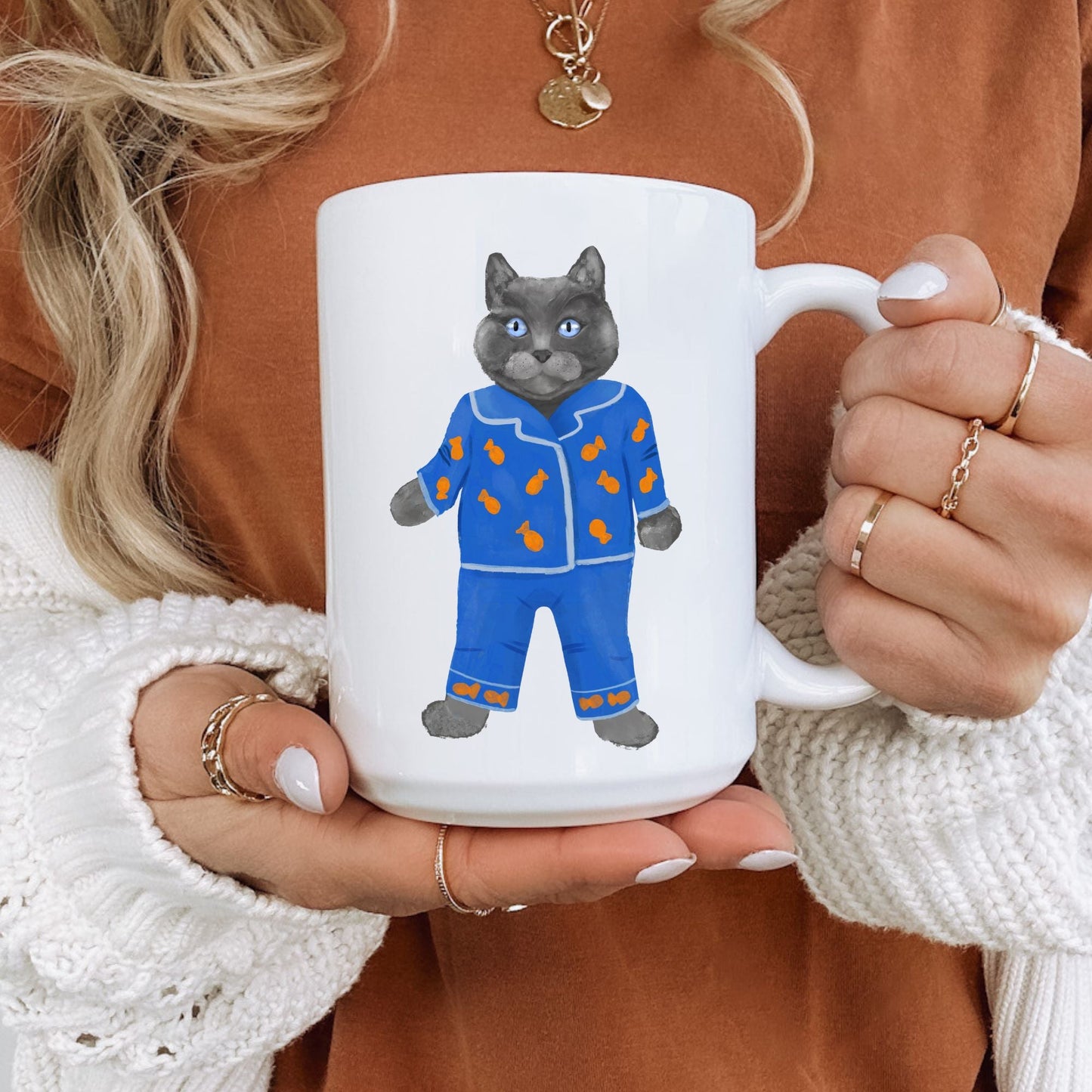 Blue Pajama Cat Mug - MerikaArt