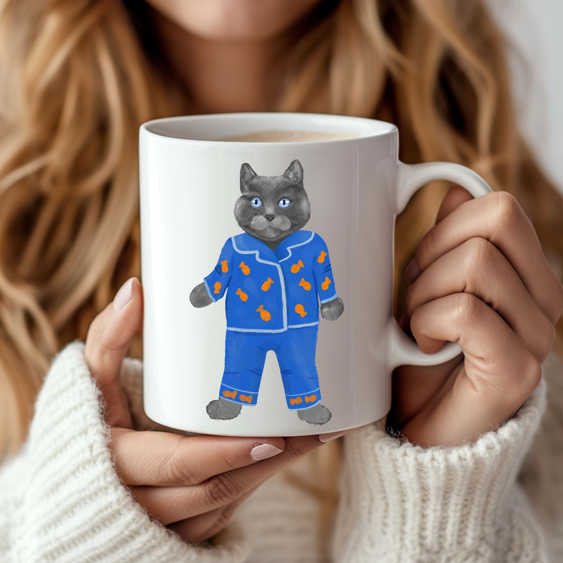 Blue Pajama Cat Mug - MerikaArt