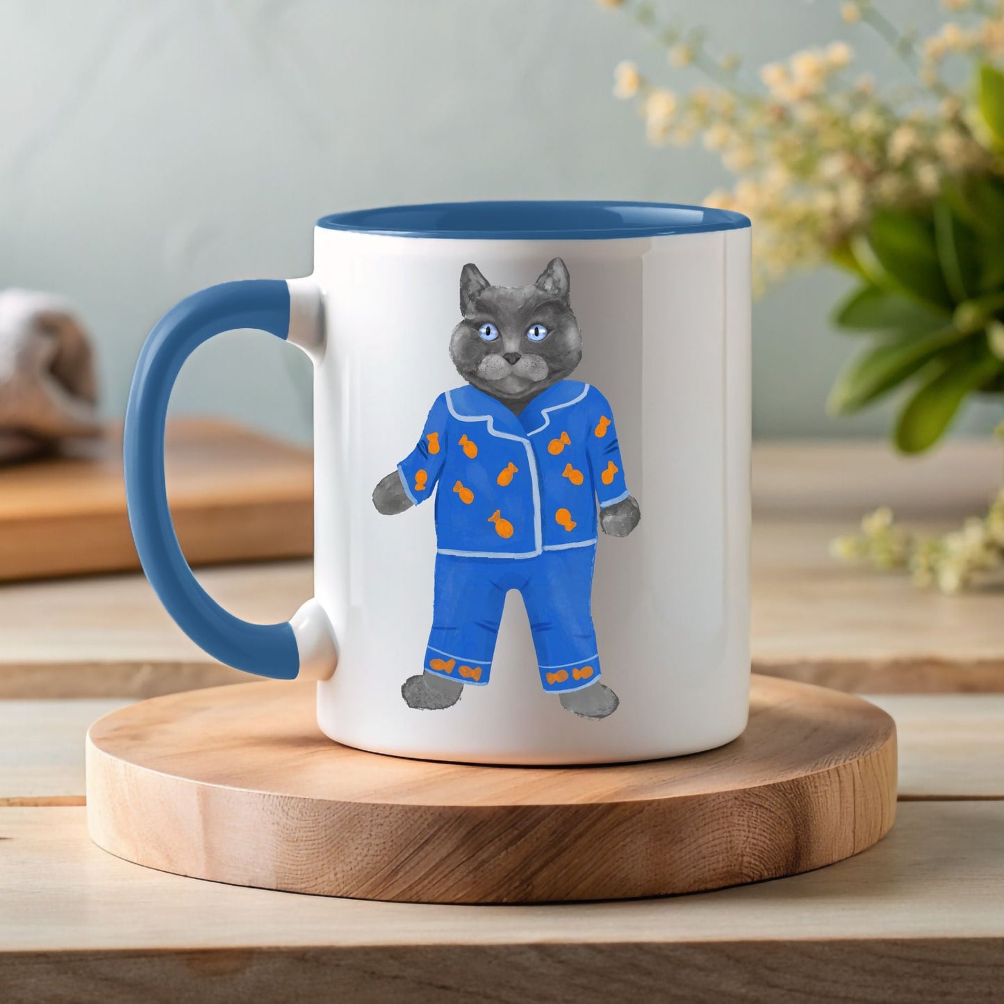 Blue Pajama Cat Mug - MerikaArt