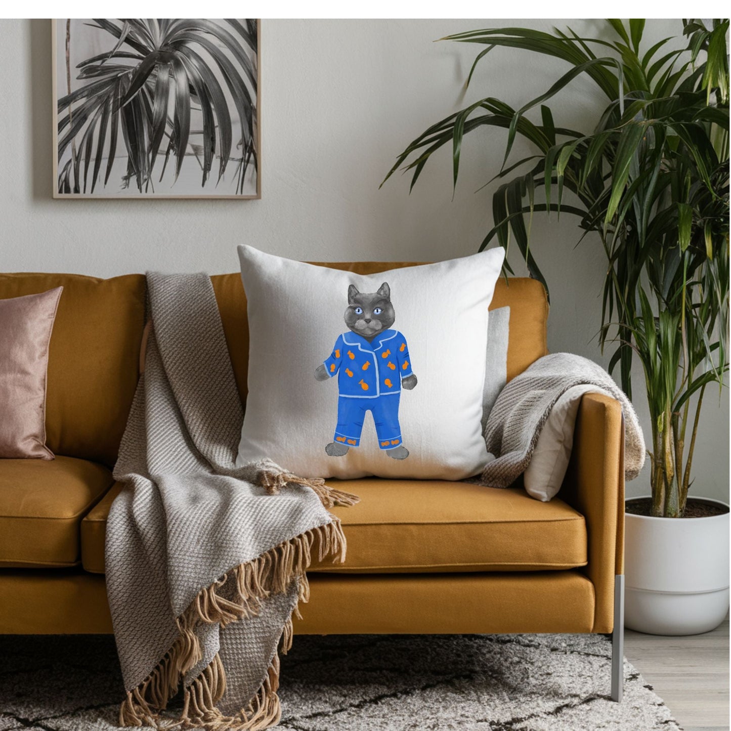 Blue Pajama Cat Pillow - MerikaArt