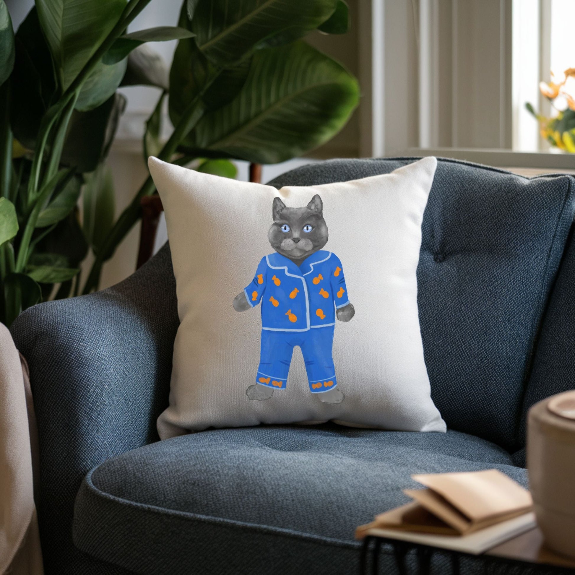 Blue Pajama Cat Pillow - MerikaArt