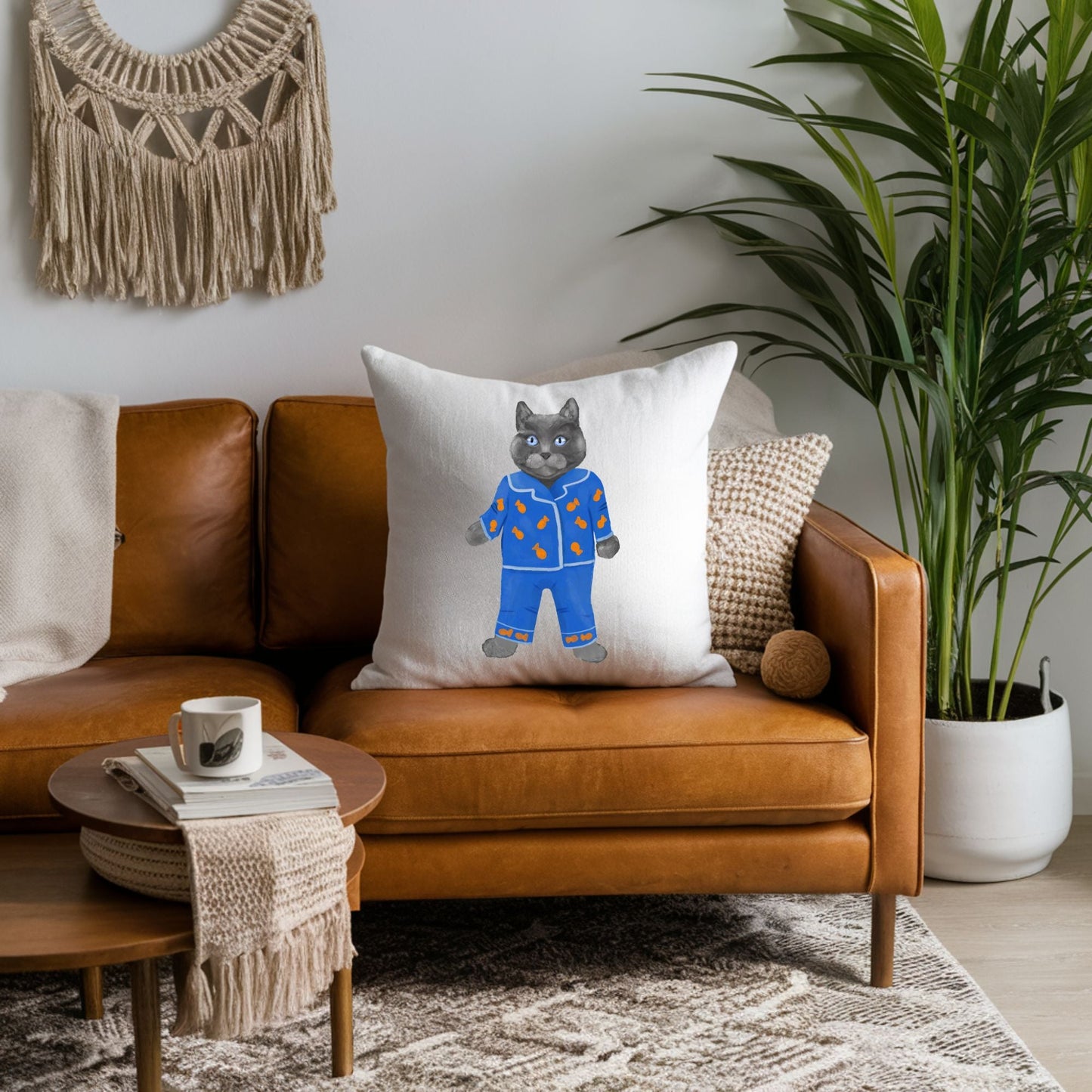 Blue Pajama Cat Pillow - MerikaArt