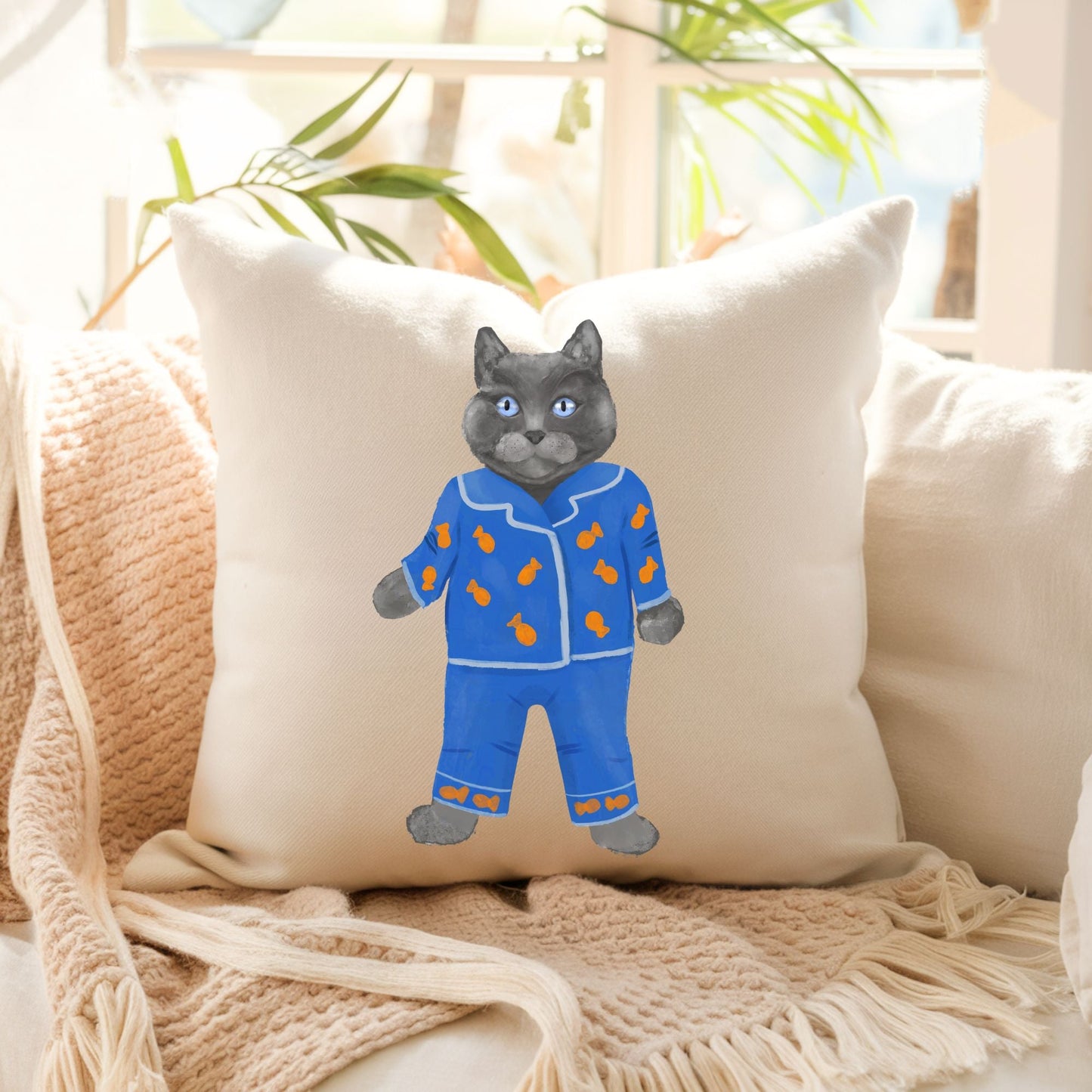 Blue Pajama Cat Pillow - MerikaArt