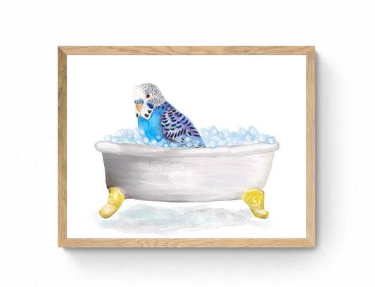 Blue Parakeet in Bathtub – Cute and Unique Animal Art Print - MerikaArt