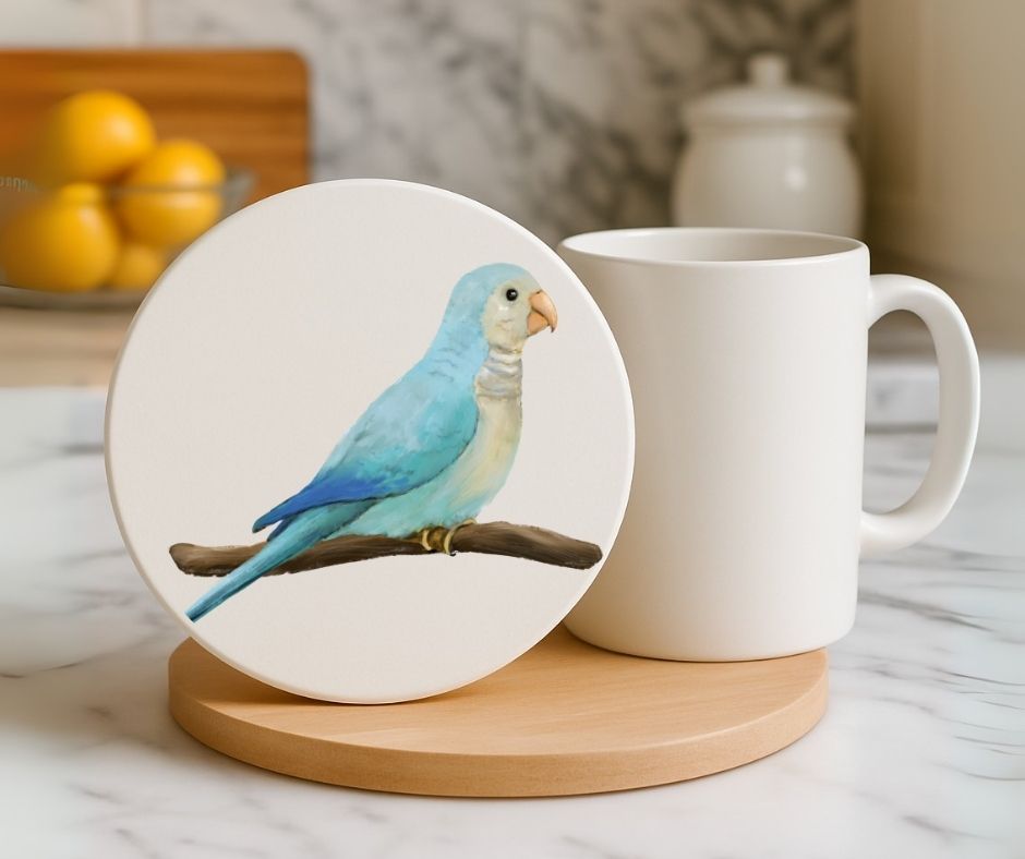 Blue Parrotlet Ceramic Coaster - MerikaArt