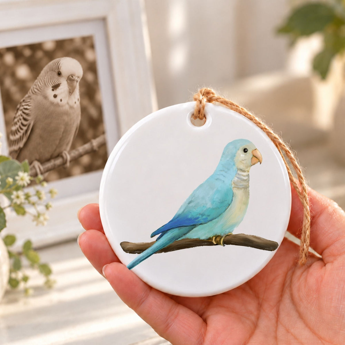 Blue Quaker Parrot Ceramic Ornament - MerikaArt