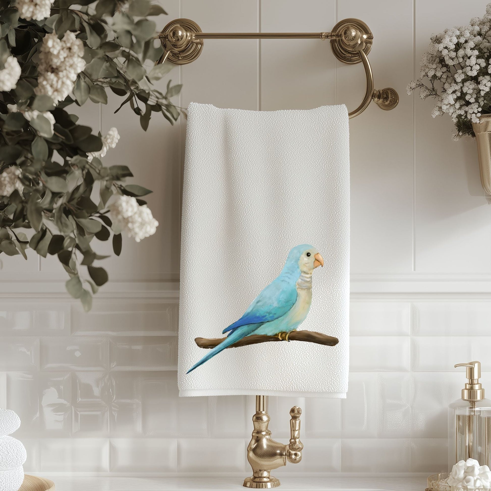Blue Quaker Parrot on Branch Bathroom Towel - MerikaArt