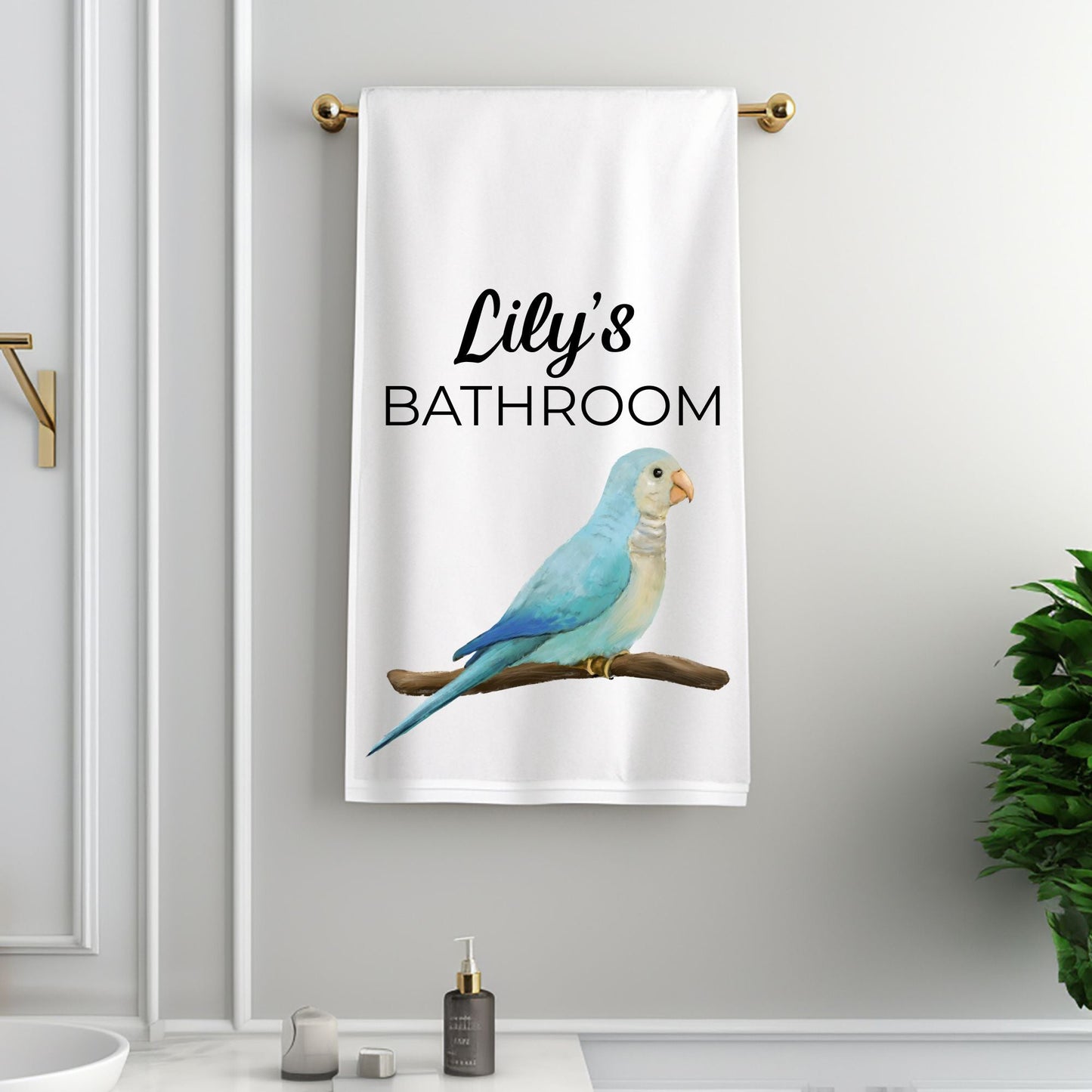 Blue Quaker Parrot on Branch Bathroom Towel - MerikaArt