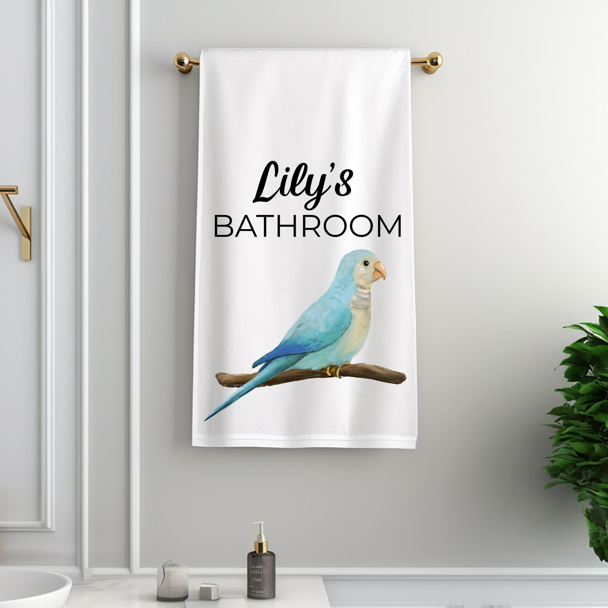 Blue Quaker Parrot on Branch Bathroom Towel - MerikaArt