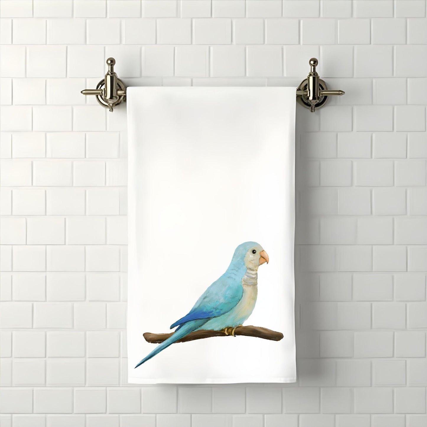 Blue Quaker Parrot on Branch Bathroom Towel - MerikaArt