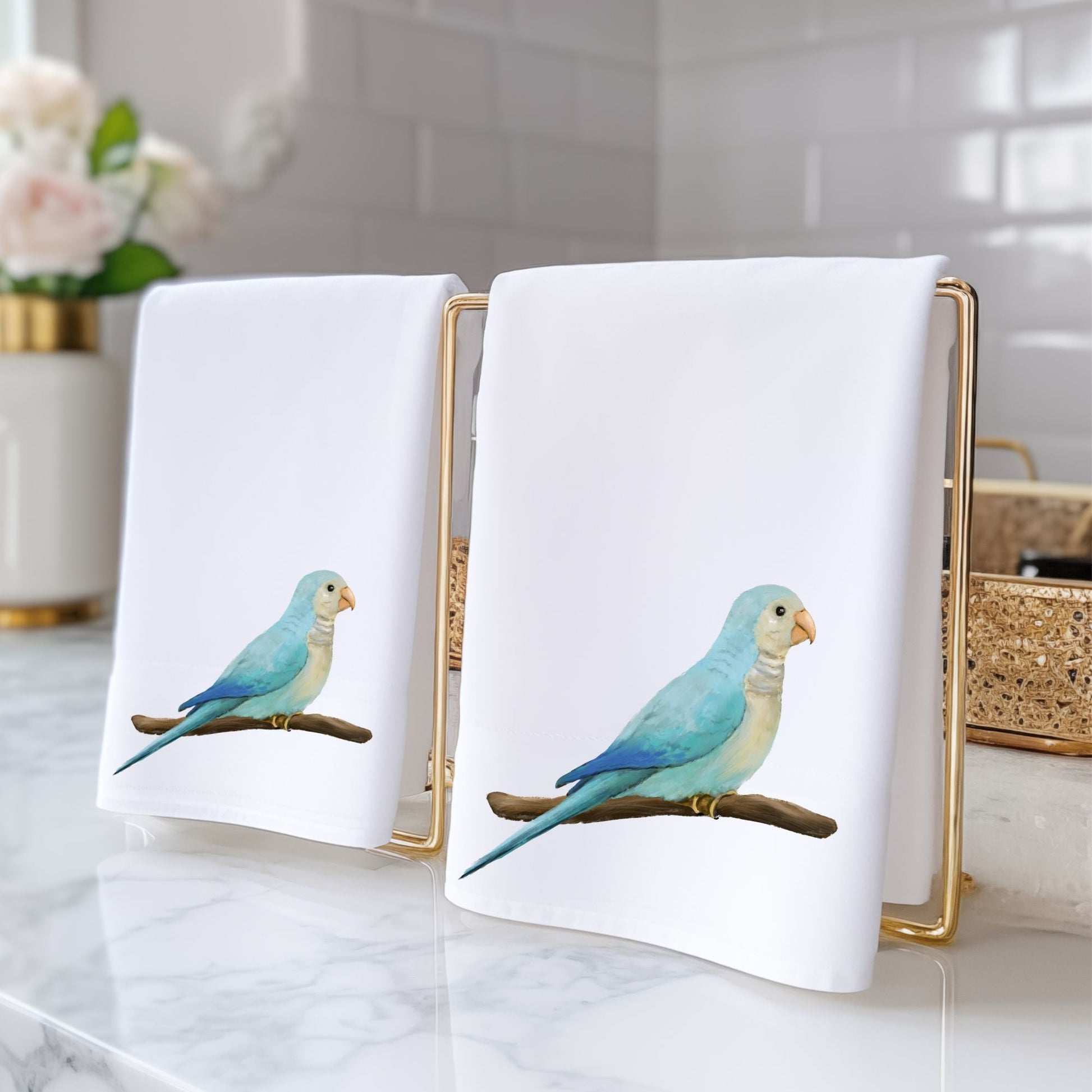 Blue Quaker Parrot on Branch Bathroom Towel - MerikaArt