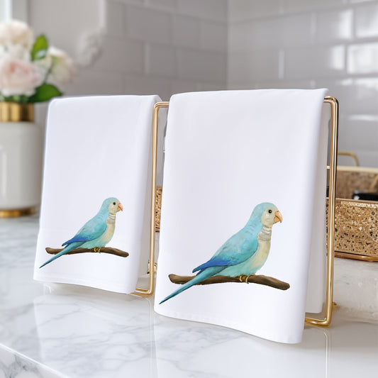 Blue Quaker Parrot on Branch Bathroom Towel - MerikaArt