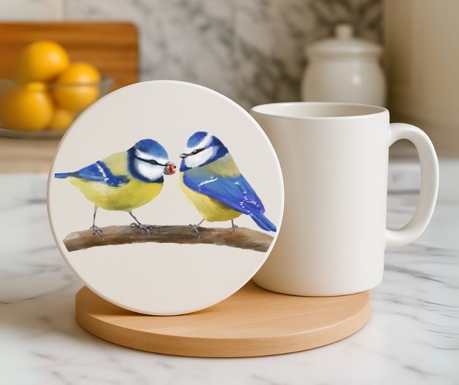 Blue Tit Birds Ceramic Coaster - MerikaArt
