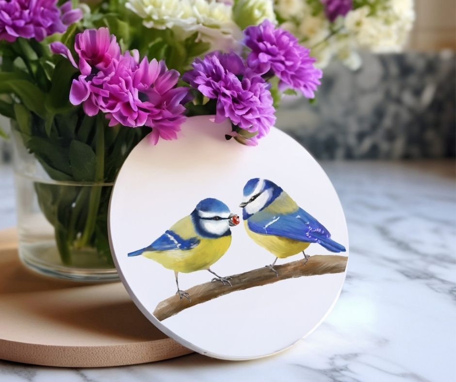 Blue Tit Birds Ceramic Coaster - MerikaArt
