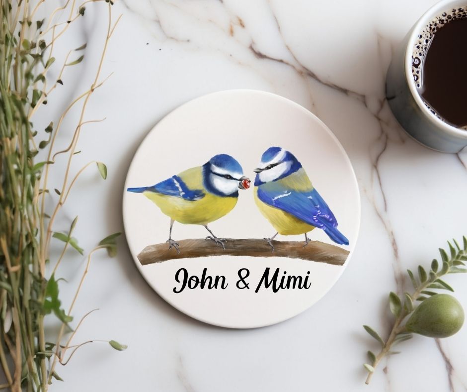 Blue Tit Birds Ceramic Coaster - MerikaArt
